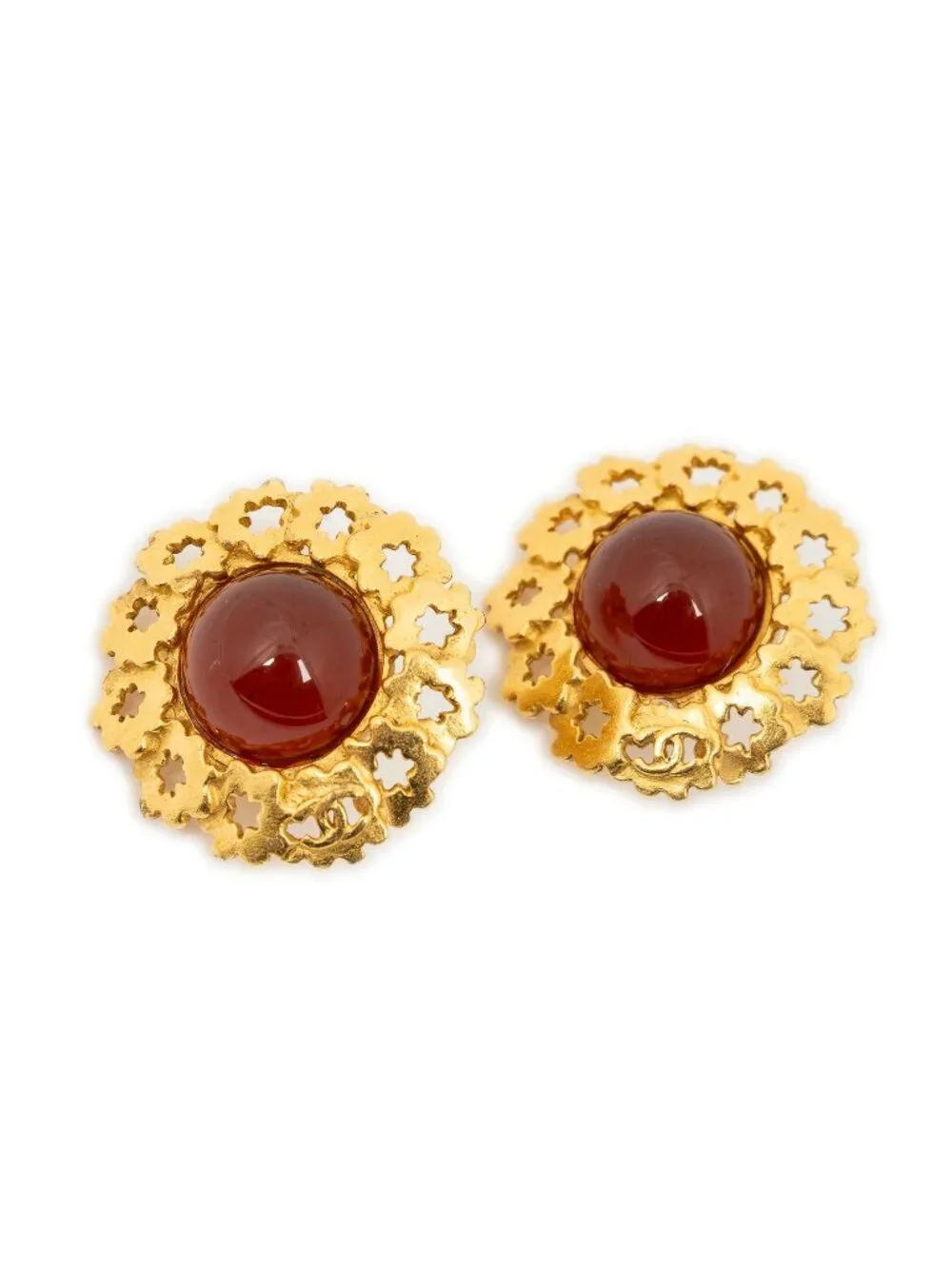 Chanel CC Logo Clip Type Earrings Orange Gold Plated